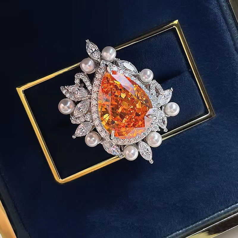 High Carbon Diamond Sunset Orange Water Drop Inlaid Ring