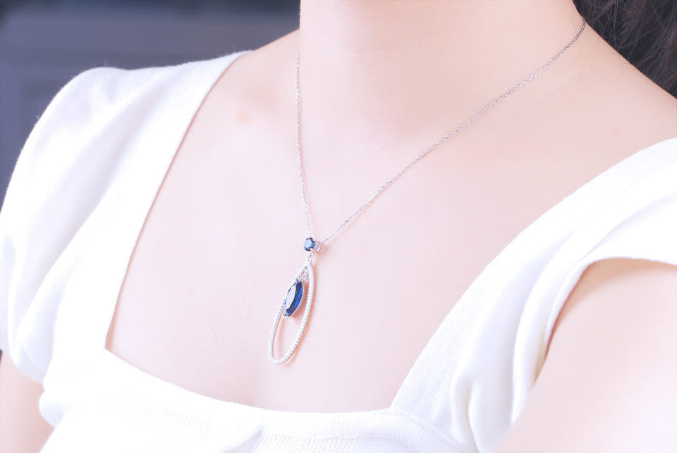 S925 Silver Pendant Necklace Water Drop Blue Sapphire Pendant Premium Female Jewelry