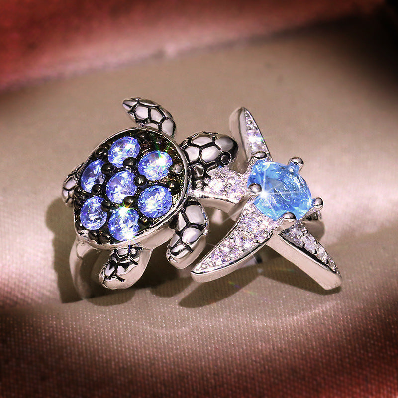 Sapphire full diamond turtle starfish ring