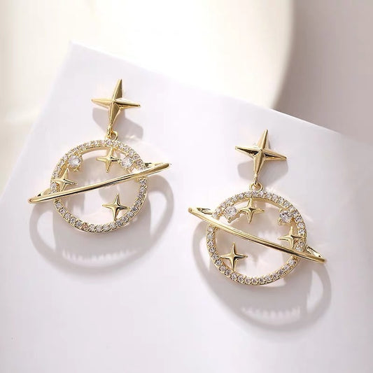 Korean Fashion Universe Planet Star Drop Earrings for Women Aesthetic Zircon Dangle Earrings Trendy Femme Saturn Jewelry