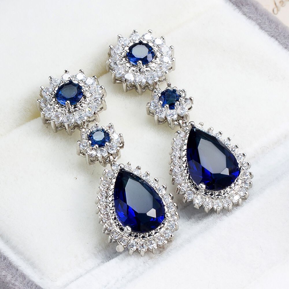 Platinum-Plated Sapphire Zircon Earrings