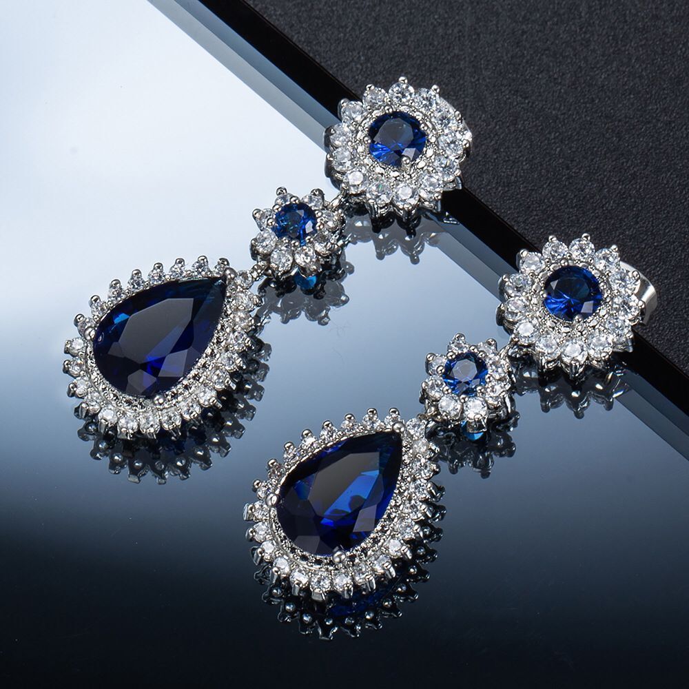 Platinum-Plated Sapphire Zircon Earrings