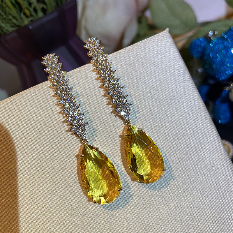 Fine Zirconium Arrangement Yellow Sapphire Personality Silver Needle All-match Female Drop-shaped Earrings