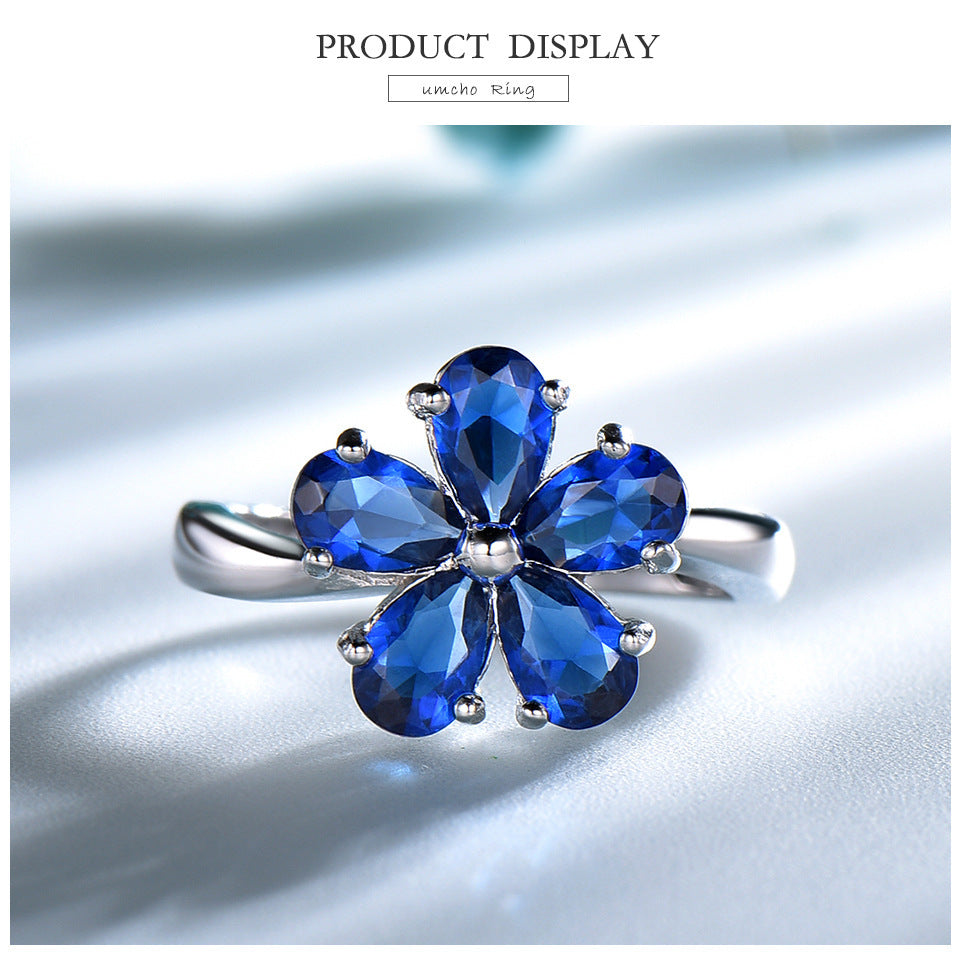 925 Sterling Silver Flowers Sapphire Ring For Women