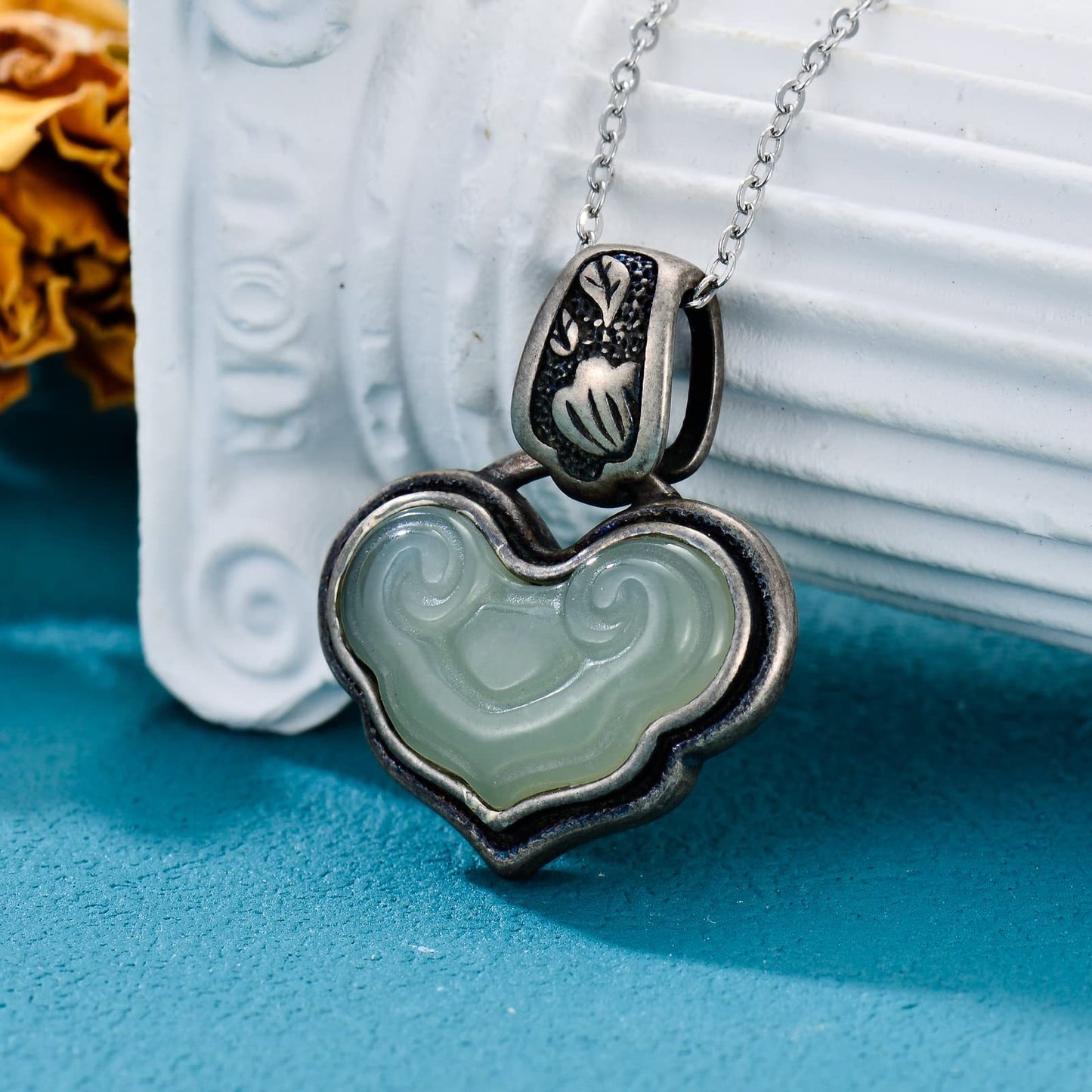 Vintage Heart Jade Pendant Necklace Sterling Silver Boho Antique Necklace Jewelry Gifts for Women Girls Wife Girlfriend Lover Her