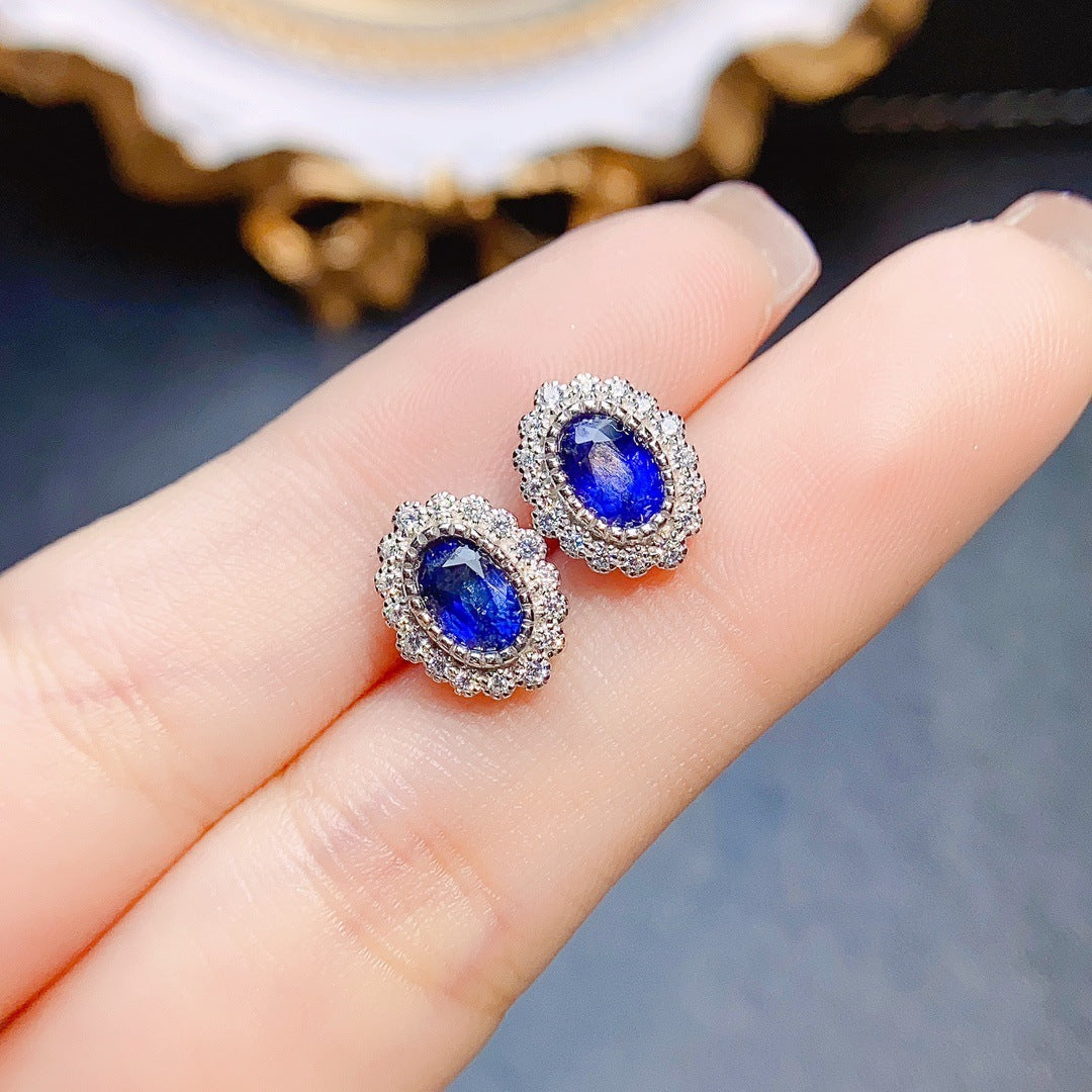 Natural Sapphire Stud Earrings S925 Silver Inlaid Main Stone