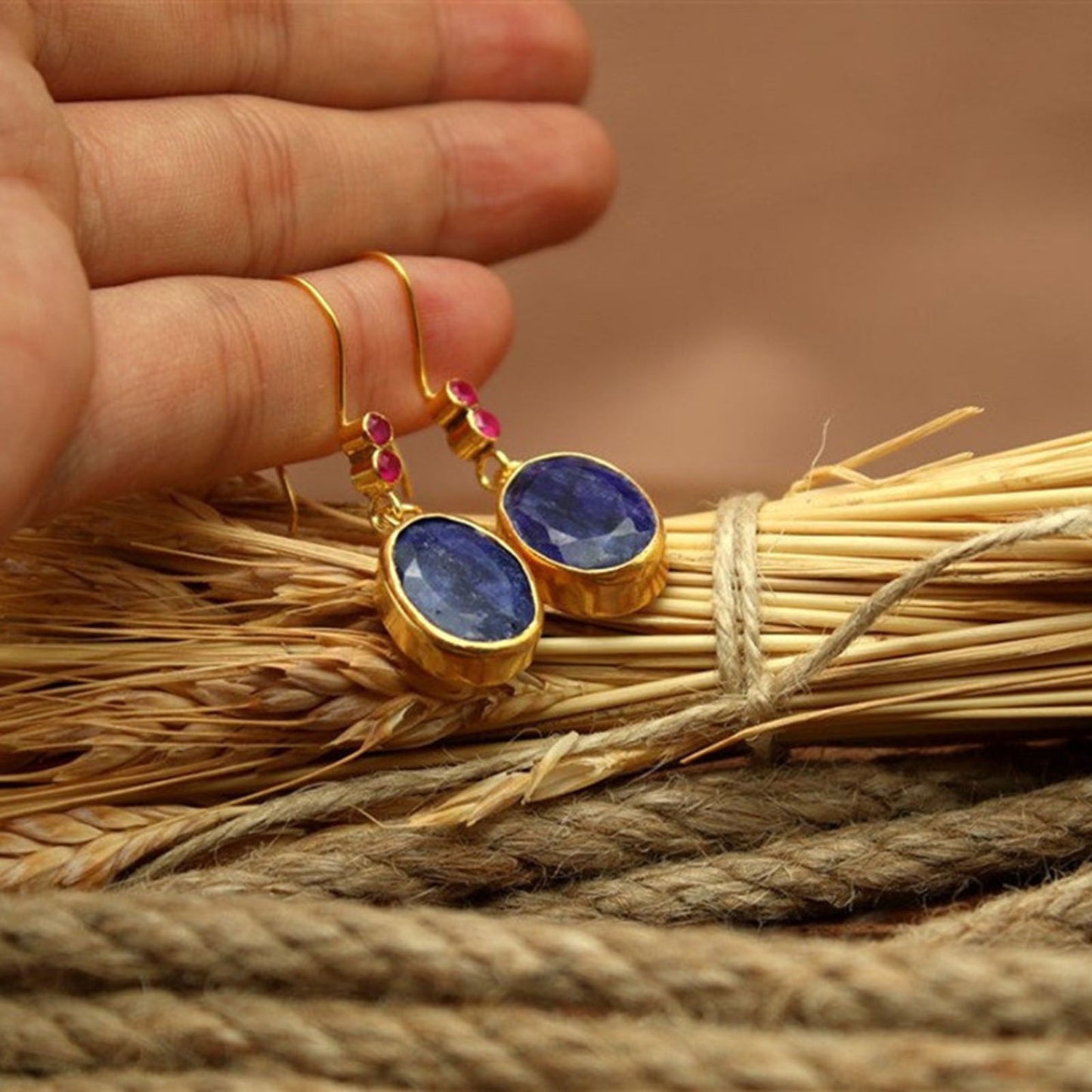 Women's Green Gold Inlaid Ruby Pendant Earrings