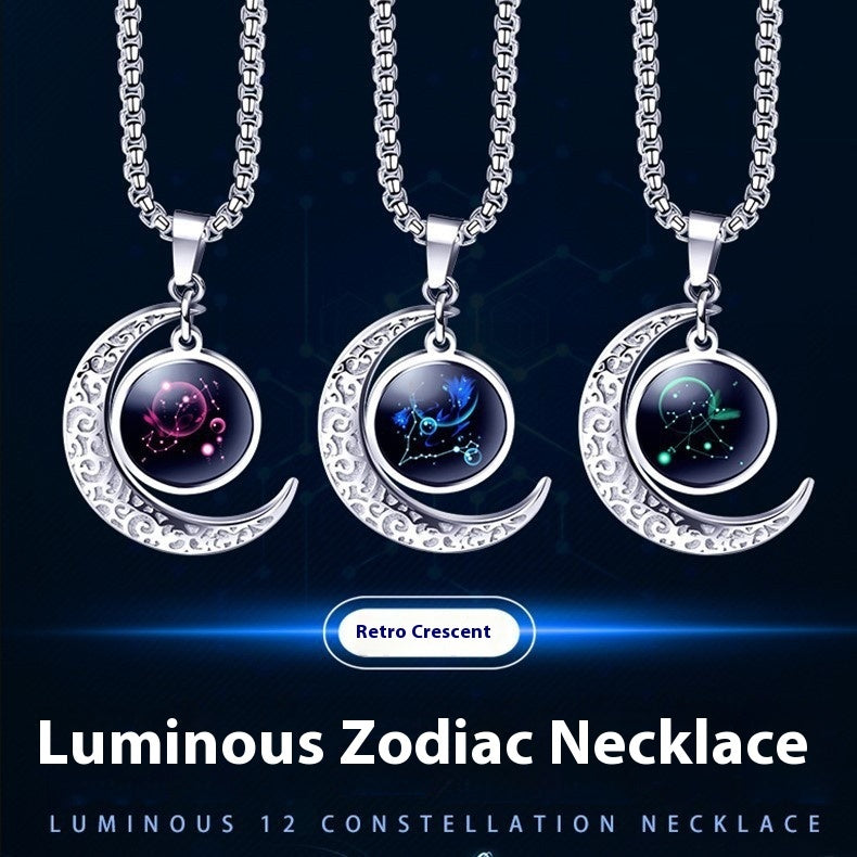 12 Constellation Moon & Star Luminous Necklace for Women. Glowing Zodiac Moonstone Pendant Necklace - Astrological Charm