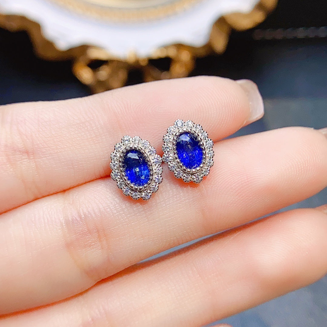 Natural Sapphire Stud Earrings S925 Silver Inlaid Main Stone