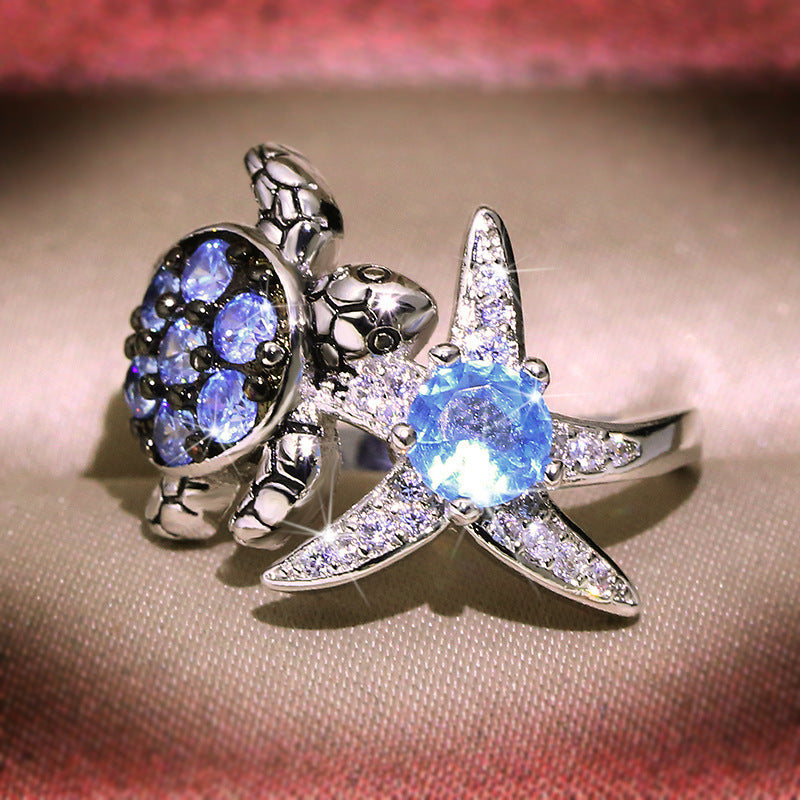 Sapphire full diamond turtle starfish ring