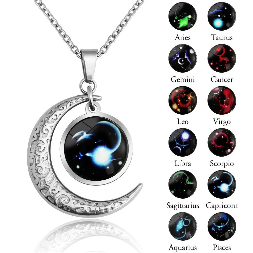 12 Constellation Moon & Star Luminous Necklace for Women. Glowing Zodiac Moonstone Pendant Necklace - Astrological Charm