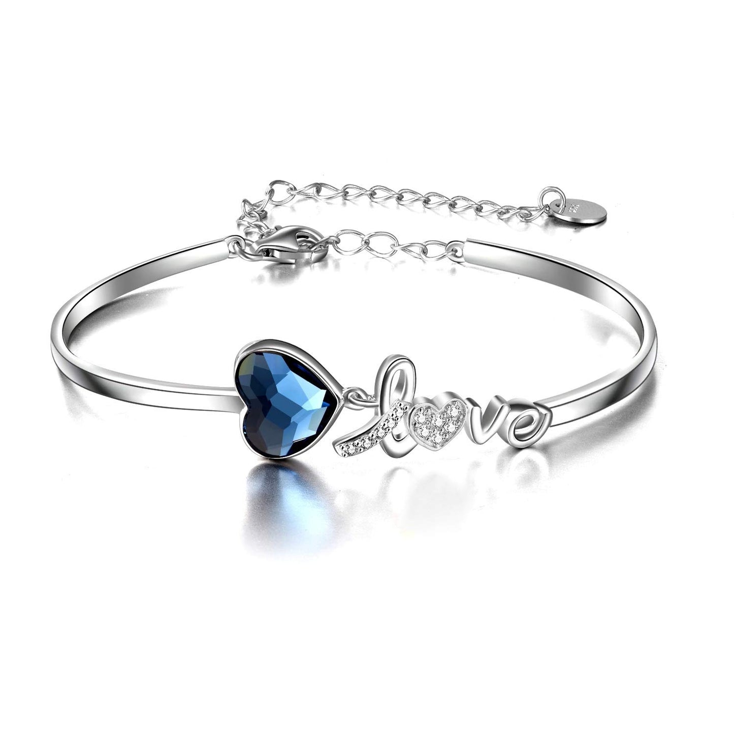 Blue Crystals from Austria Love Heart Bangle Bracelet in White Gold Plated Sterling Silver