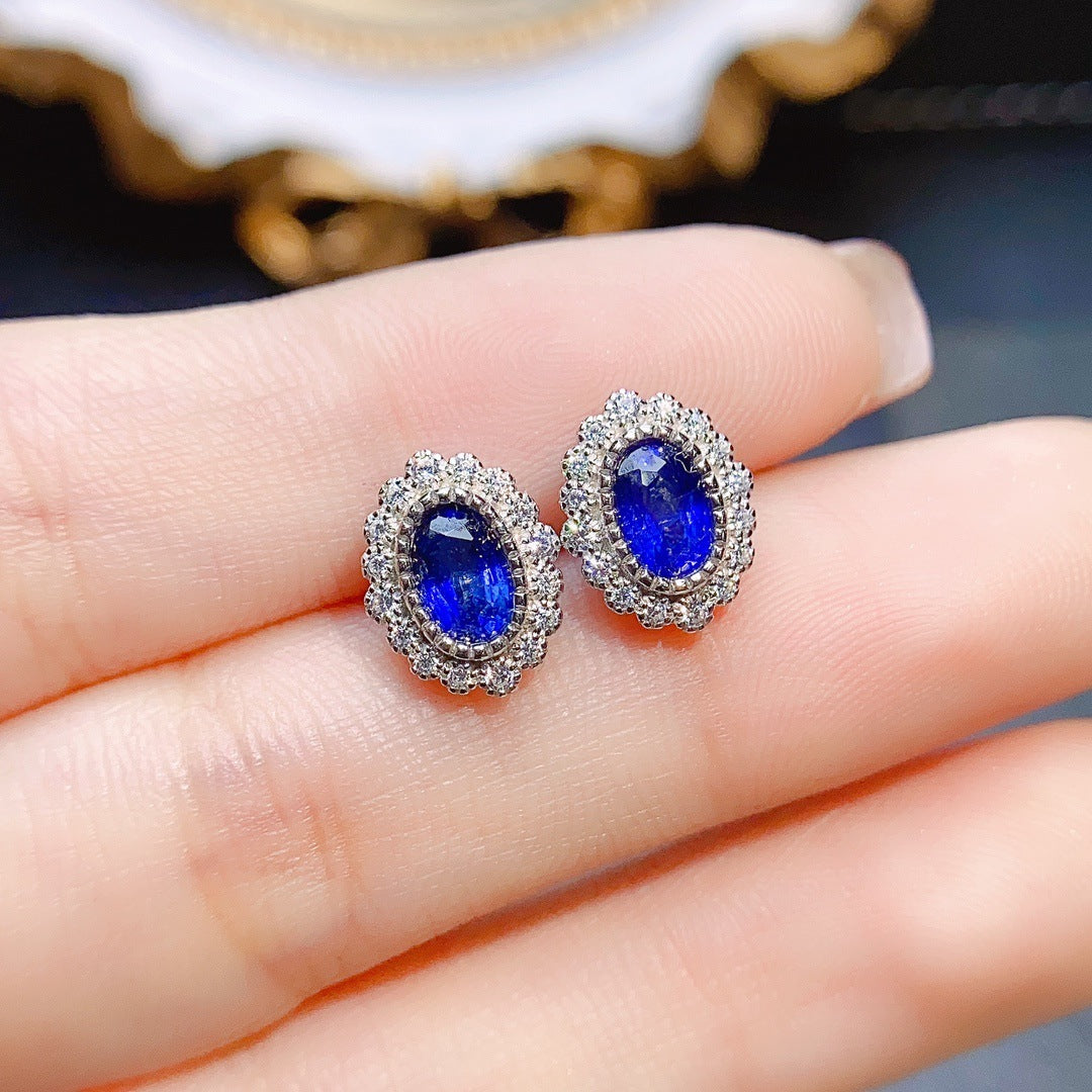 Natural Sapphire Stud Earrings S925 Silver Inlaid Main Stone