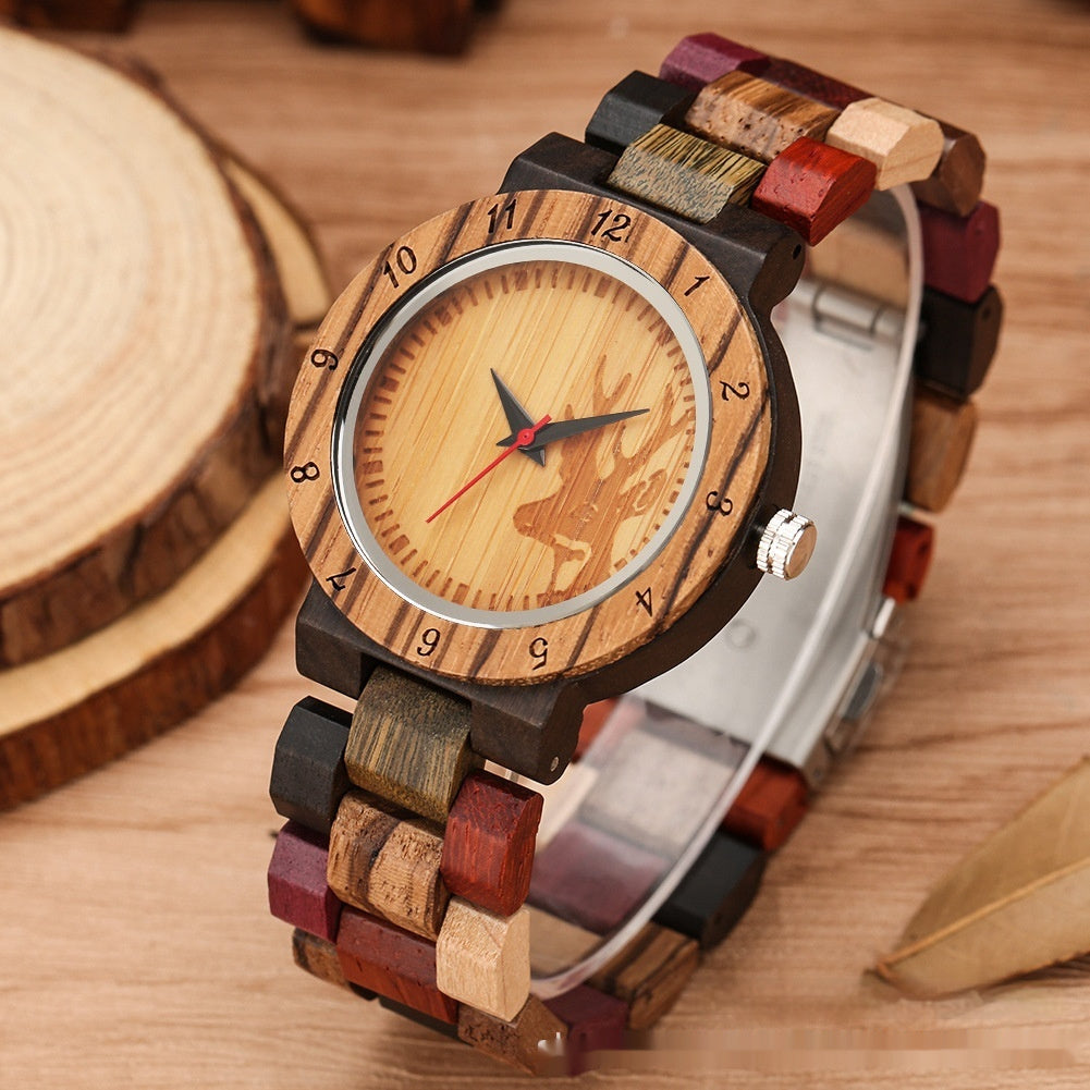 Classic Women's Colorful Elk Quartz Wooden Watch