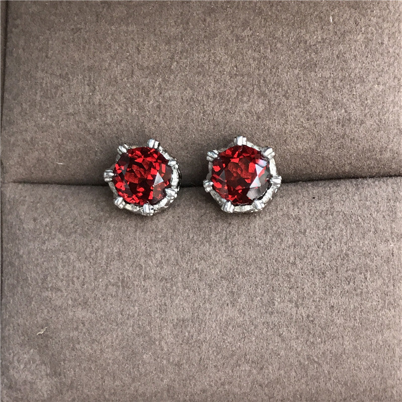 Natural Ruby Colored Round Sterling Silver Earrings