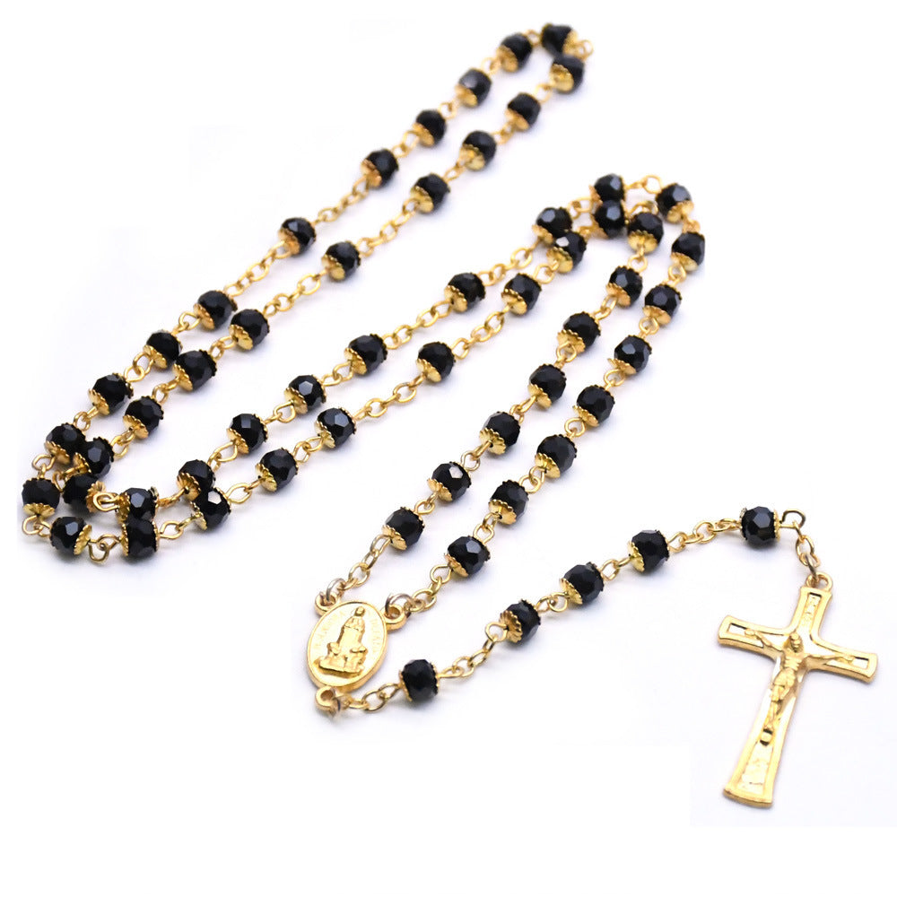 Black Crystal Gold Rosary Necklace