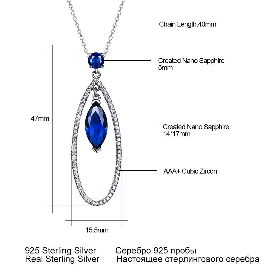 S925 Silver Pendant Necklace Water Drop Blue Sapphire Pendant Premium Female Jewelry