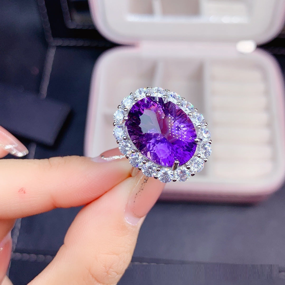 Natural Amethyst Ring S925 Silver Female Accessories Main Stone