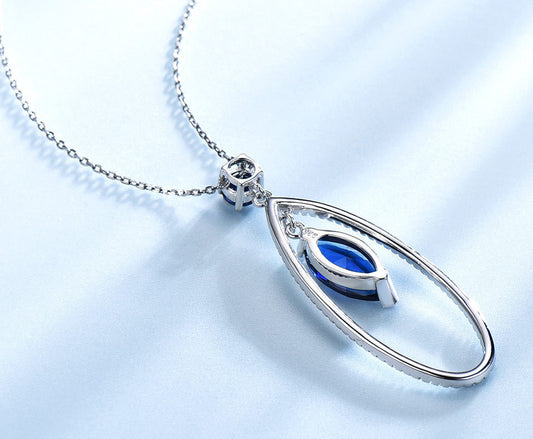 S925 Silver Pendant Necklace Water Drop Blue Sapphire Pendant Premium Female Jewelry