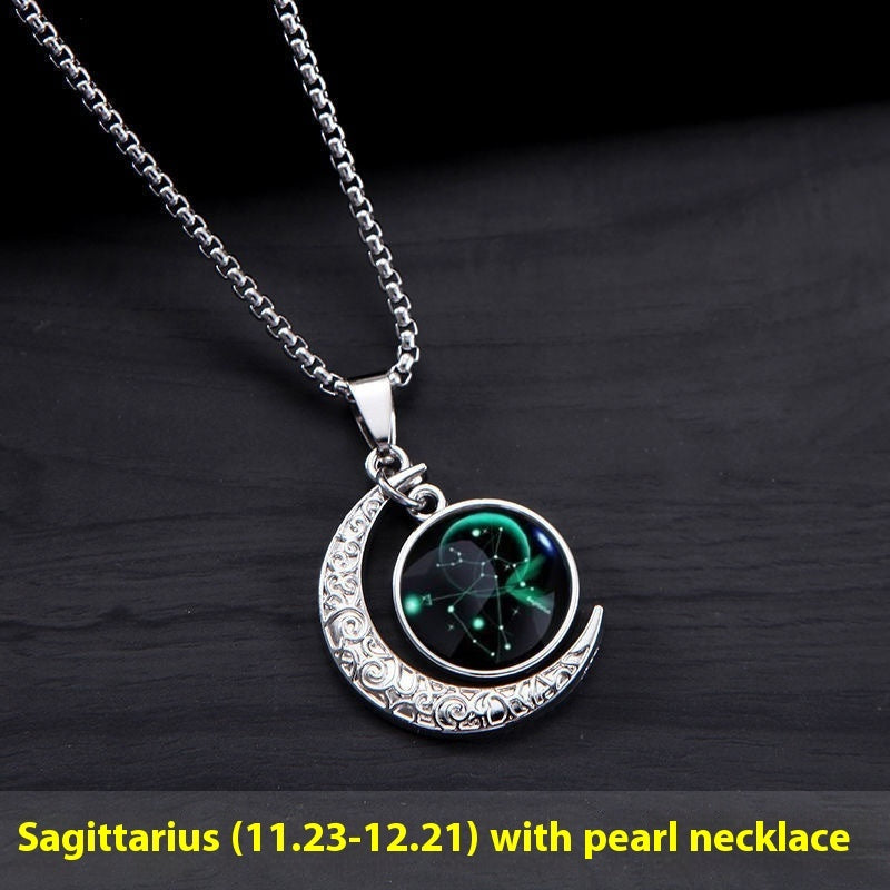 12 Constellation Moon & Star Luminous Necklace for Women. Glowing Zodiac Moonstone Pendant Necklace - Astrological Charm