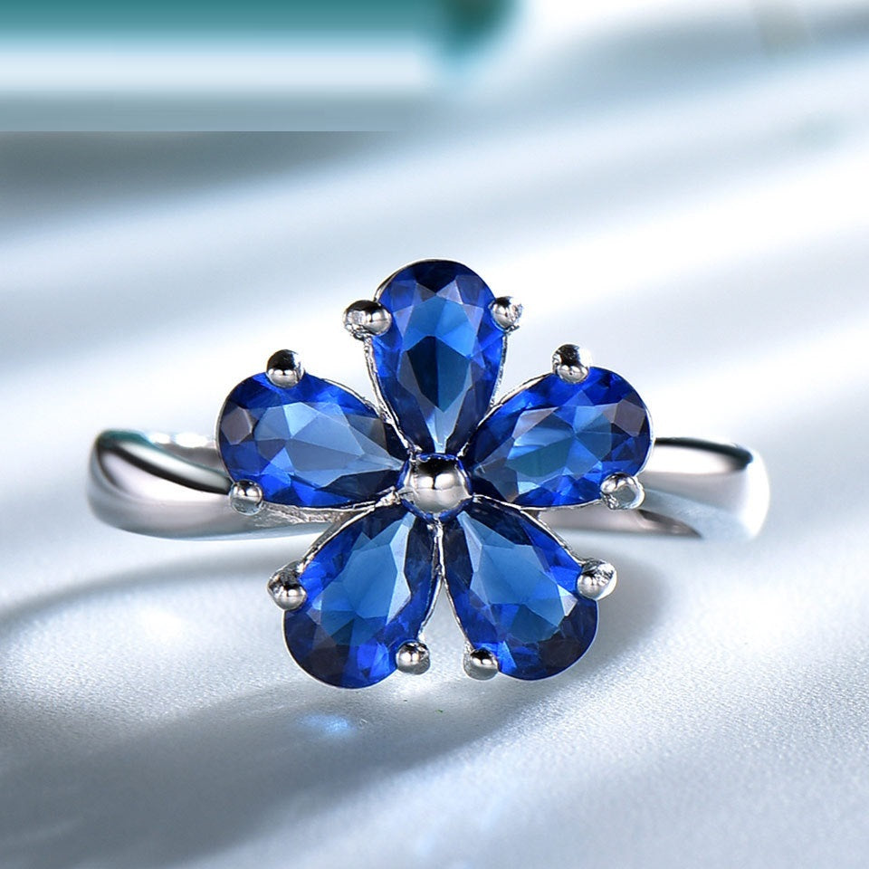 925 Sterling Silver Flowers Sapphire Ring For Women