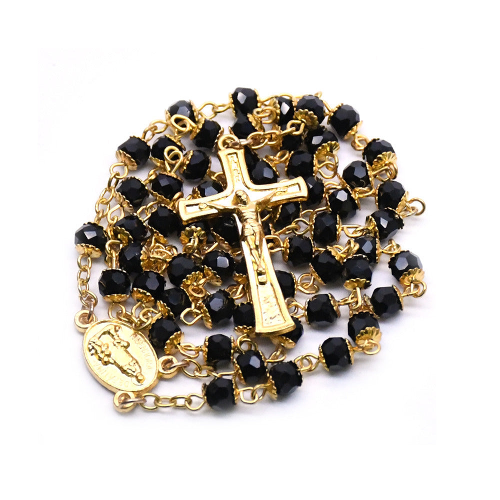 Black Crystal Gold Rosary Necklace