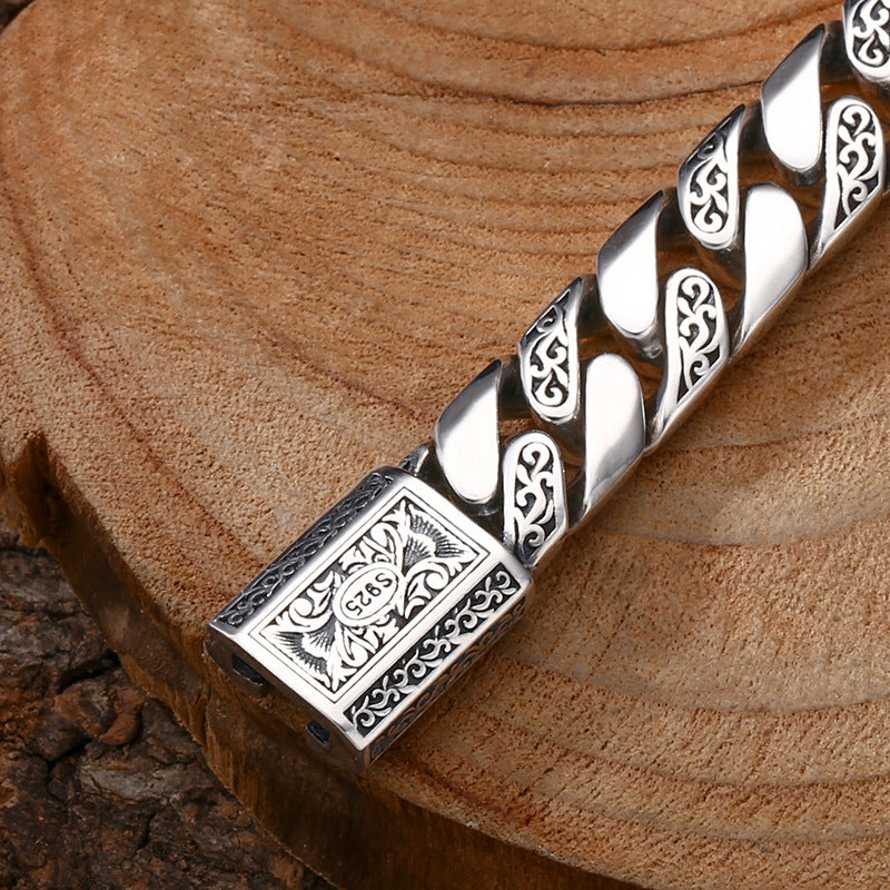 925 Sterling Silver Bracelet Tangcao Pattern Cuban Men Thick Type