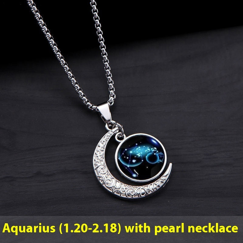 12 Constellation Moon & Star Luminous Necklace for Women. Glowing Zodiac Moonstone Pendant Necklace - Astrological Charm