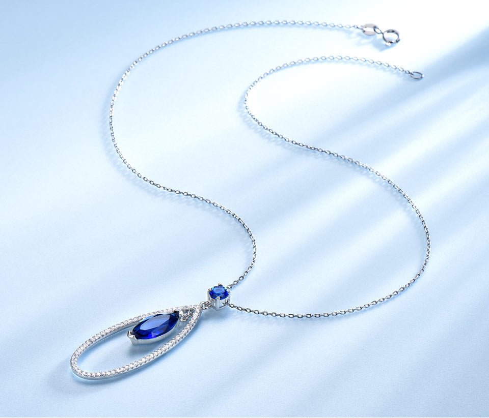 S925 Silver Pendant Necklace Water Drop Blue Sapphire Pendant Premium Female Jewelry