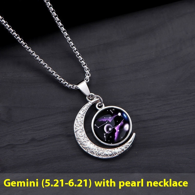 12 Constellation Moon & Star Luminous Necklace for Women. Glowing Zodiac Moonstone Pendant Necklace - Astrological Charm