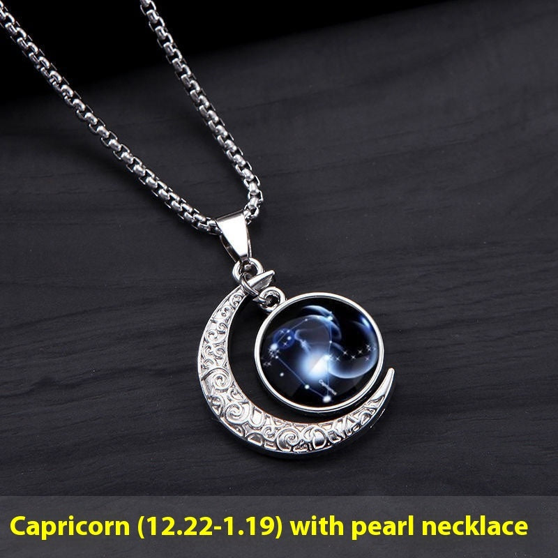 12 Constellation Moon & Star Luminous Necklace for Women. Glowing Zodiac Moonstone Pendant Necklace - Astrological Charm