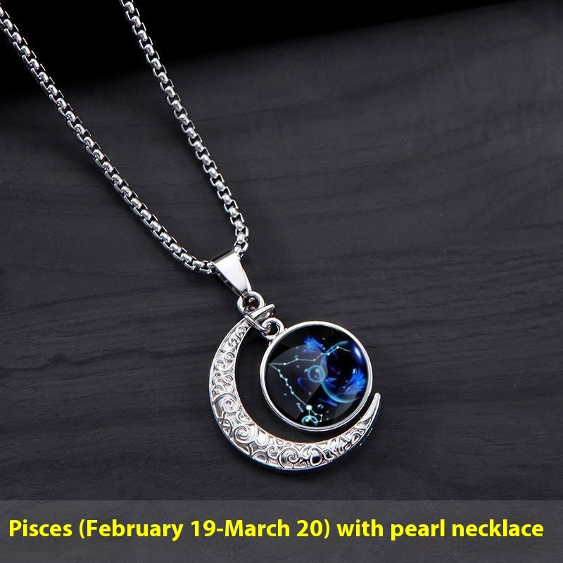 12 Constellation Moon & Star Luminous Necklace for Women. Glowing Zodiac Moonstone Pendant Necklace - Astrological Charm