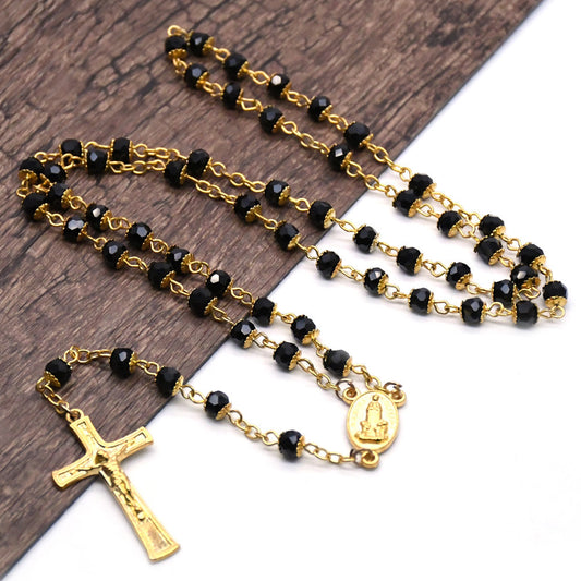 Black Crystal Gold Rosary Necklace