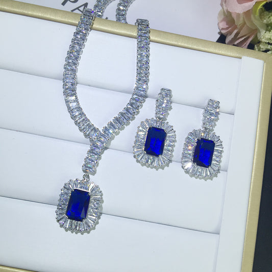 European And American Long Square Sapphire Blue Gemstone Pendant