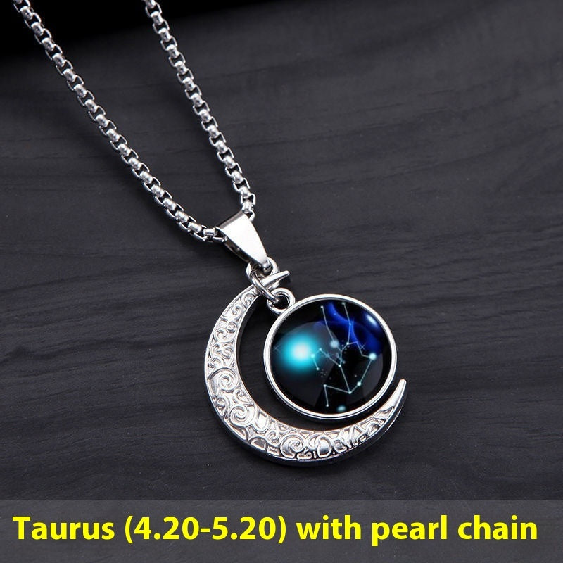 12 Constellation Moon & Star Luminous Necklace for Women. Glowing Zodiac Moonstone Pendant Necklace - Astrological Charm