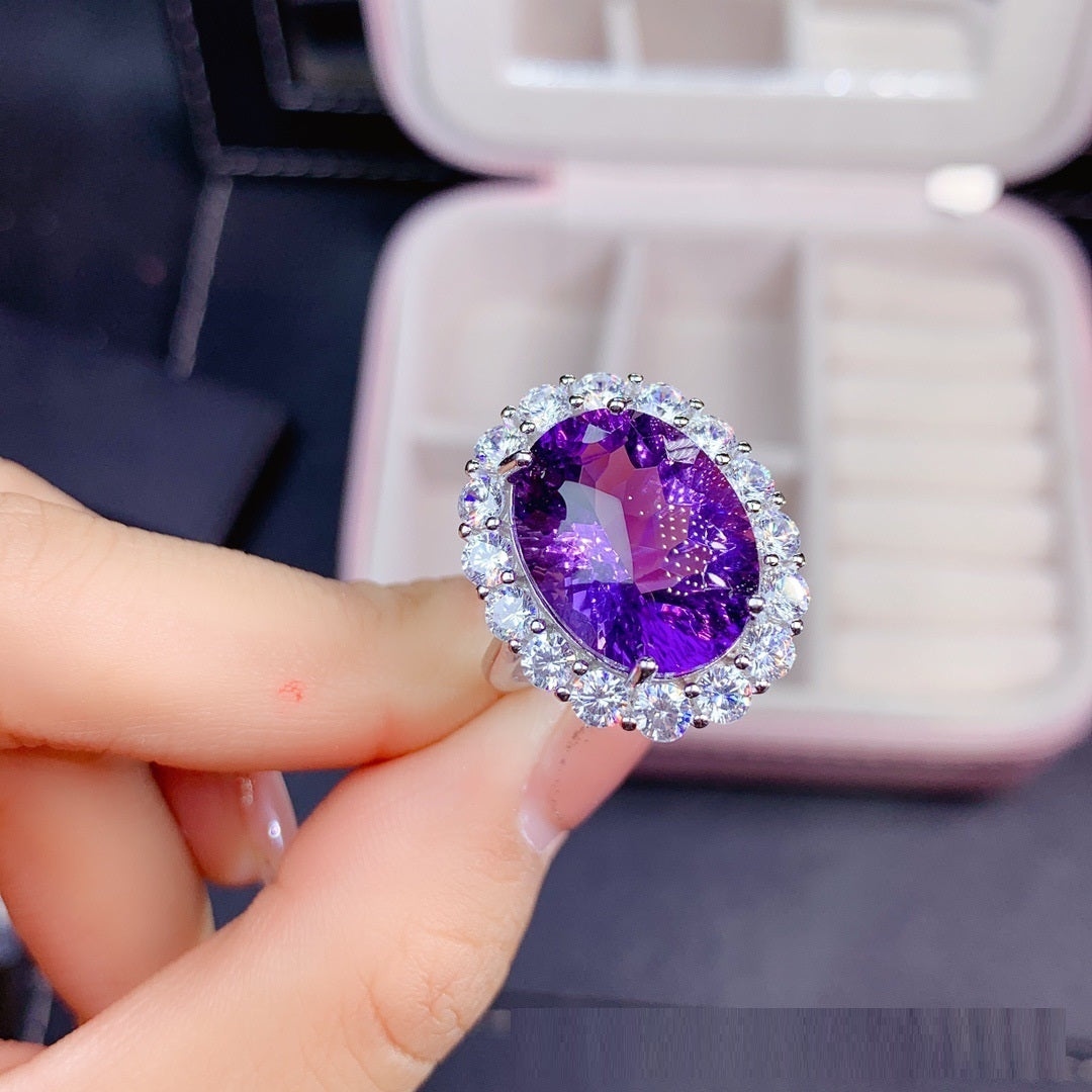 Natural Amethyst Ring S925 Silver Female Accessories Main Stone