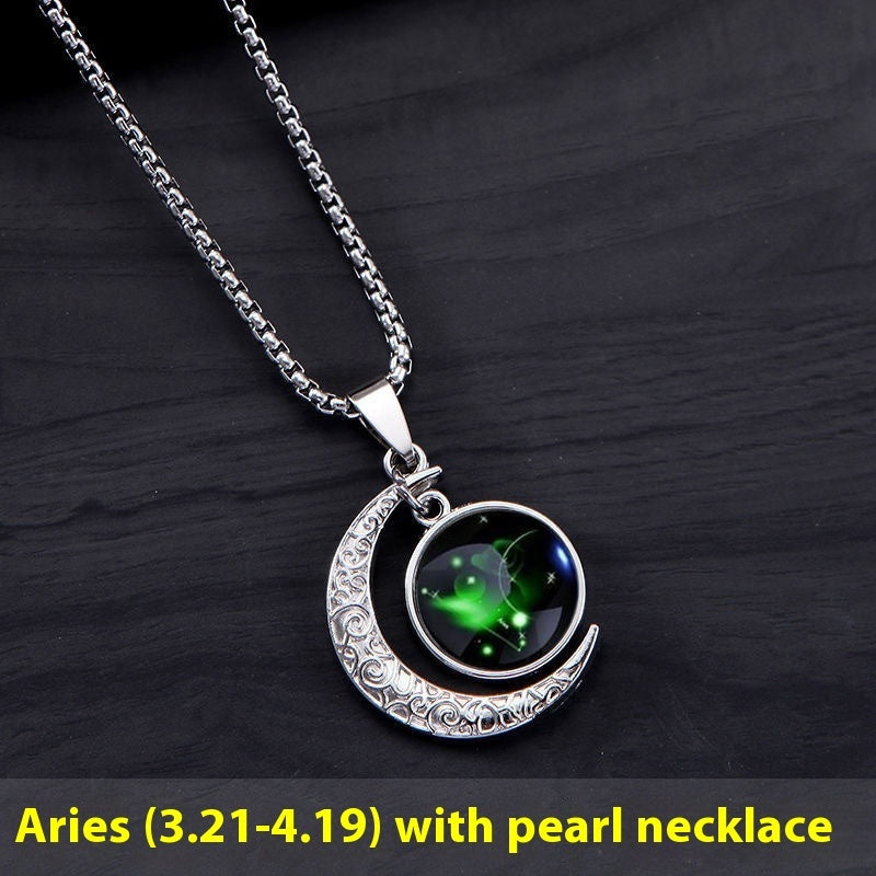 12 Constellation Moon & Star Luminous Necklace for Women. Glowing Zodiac Moonstone Pendant Necklace - Astrological Charm