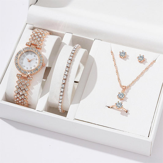 Women's Alloy Quartz Watch Necklace Earrings Bracelet Ring Suit