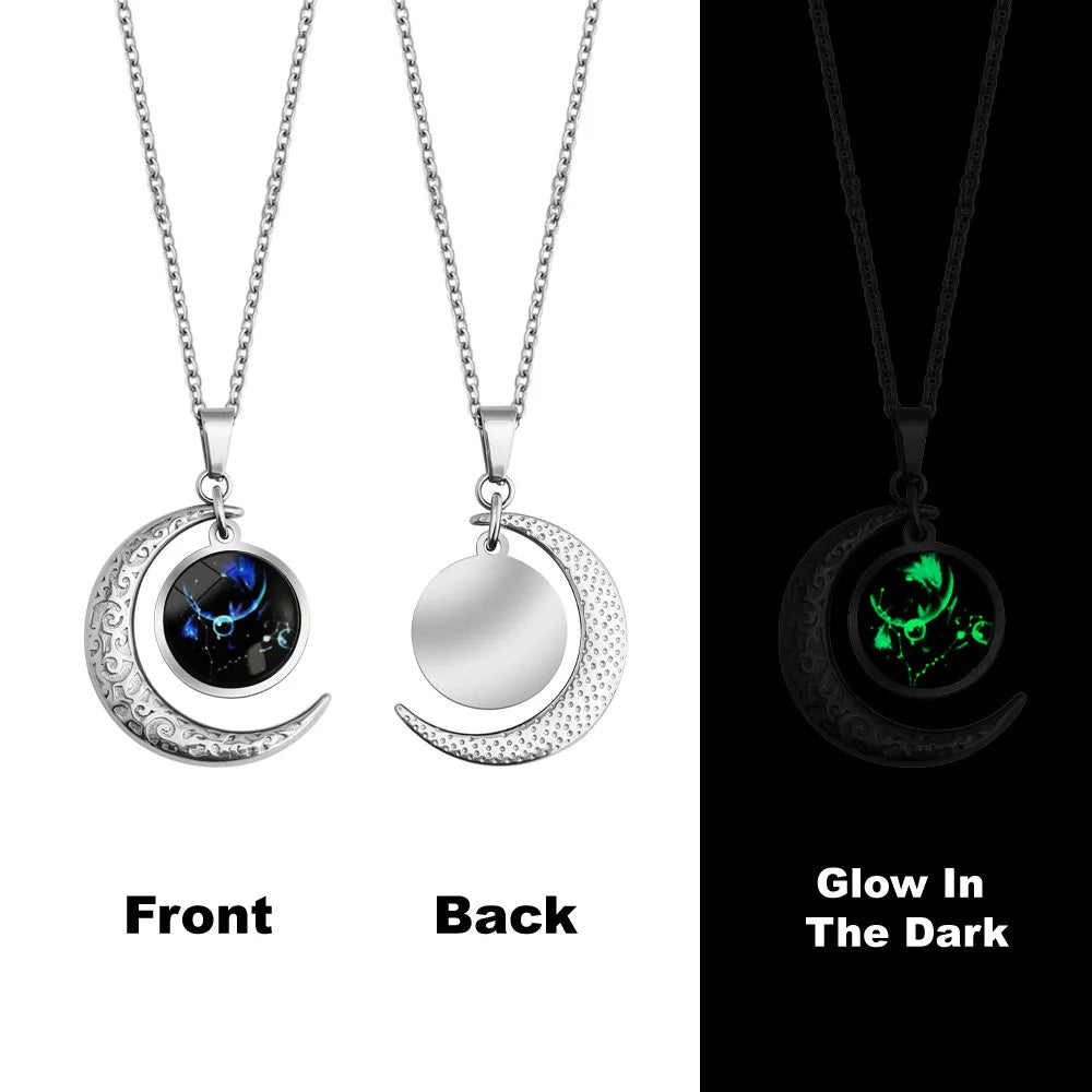 12 Constellation Moon & Star Luminous Necklace for Women. Glowing Zodiac Moonstone Pendant Necklace - Astrological Charm