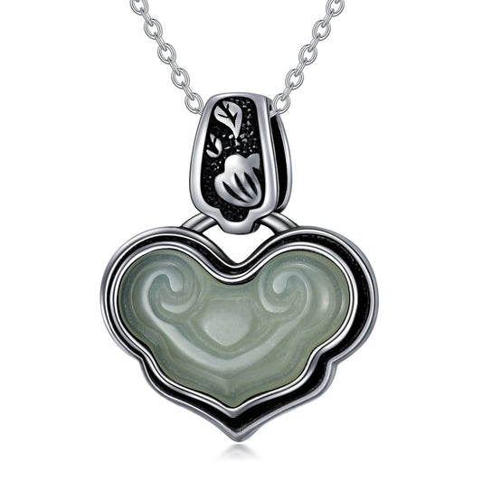 Vintage Heart Jade Pendant Necklace Sterling Silver Boho Antique Necklace Jewelry Gifts for Women Girls Wife Girlfriend Lover Her