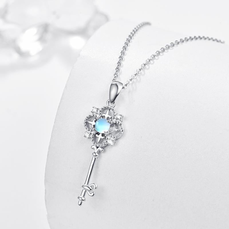 Sterling Silver Key Blue Moonstone and AAA Cz Round Key Pendant Necklace