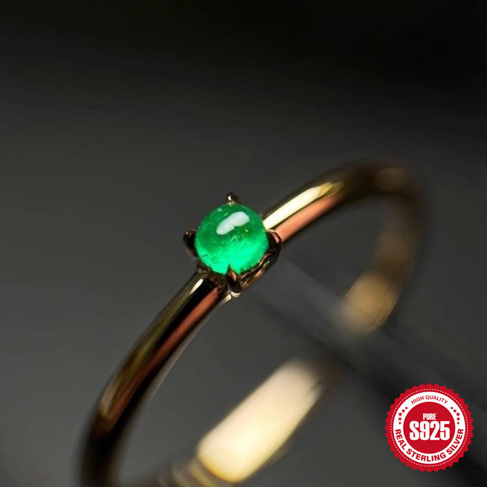 S925 Sterling Silver Emerald Gold-plated Ring Emerald Adjustable