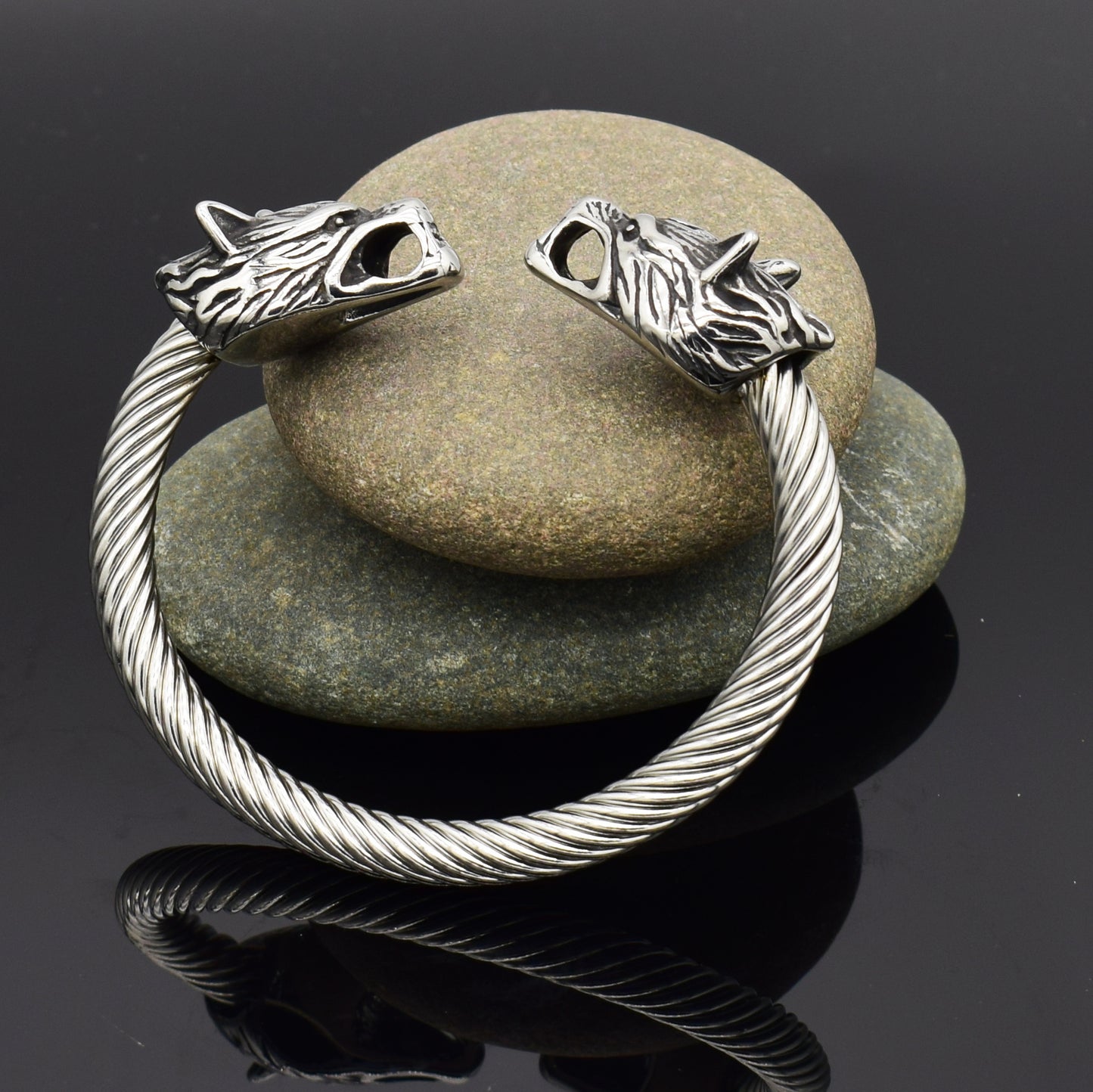 Asgard Crafted Handcrafted Stainless Steel Large Grey Wolf Head Torc Bracelet